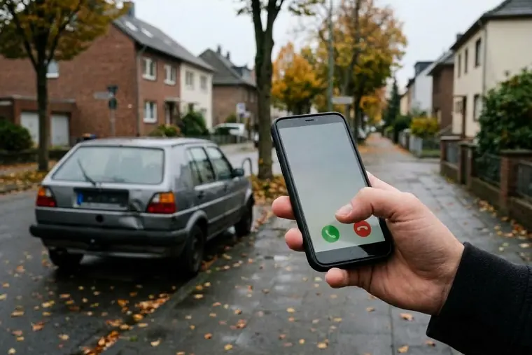 Hand hält ein Smartphone neben einem beschädigten Auto