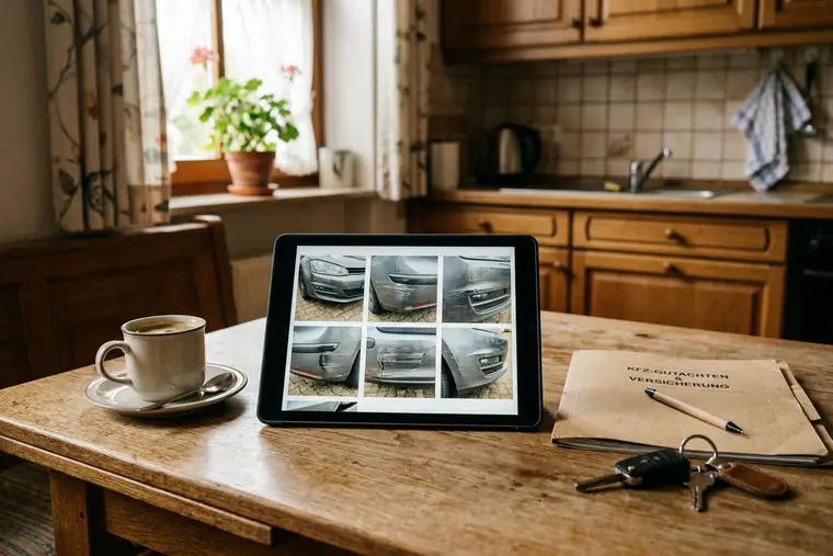 Tablet mit Schadenfotos auf einem Küchentisch