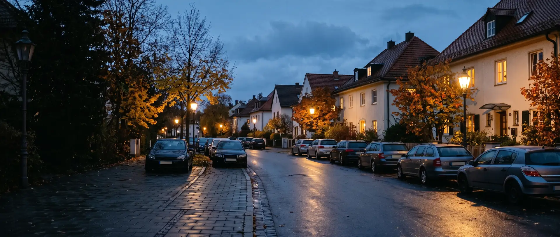 Ruhige Wohnstraße mit geparkten Autos am Abend