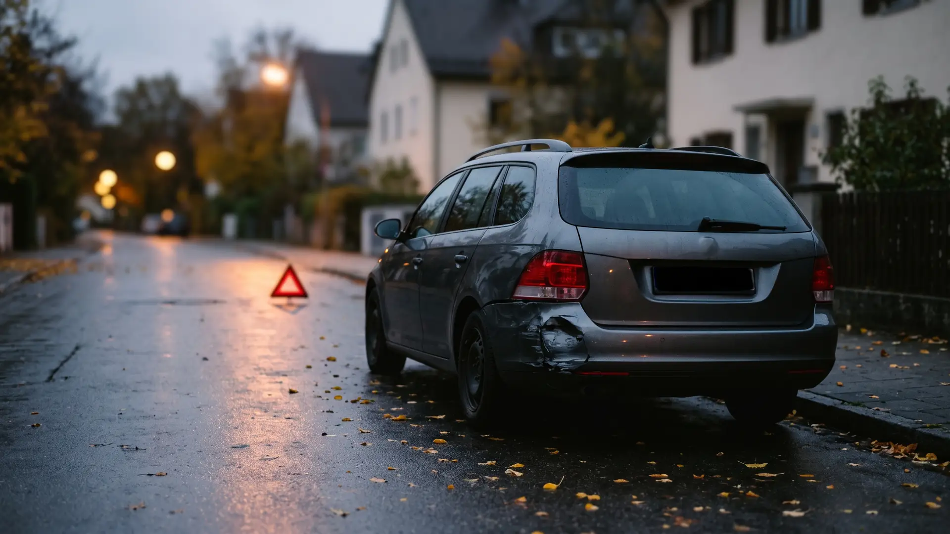 Auto mit eingedrückter Heckstoßstange in einer Wohnstraße im Herbst, dahinter ein Warndreieck
