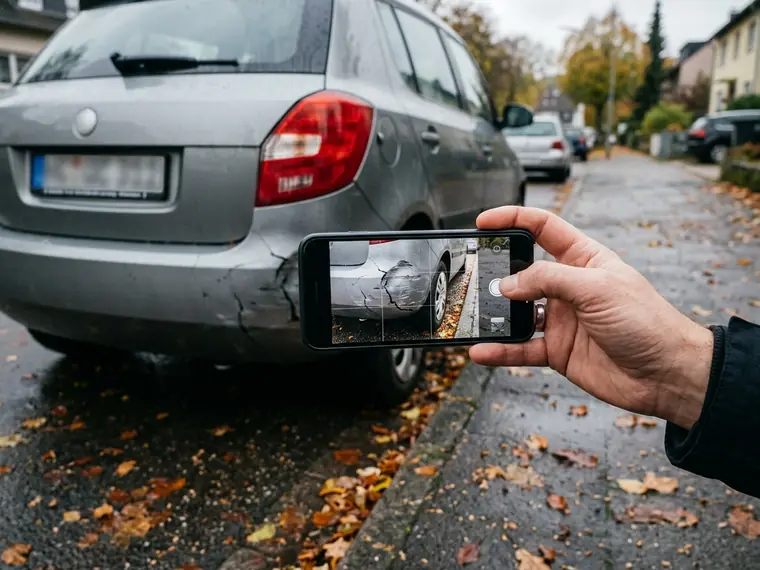 Hand mit Smartphone fotografiert eine eingedrückte Stoßstange