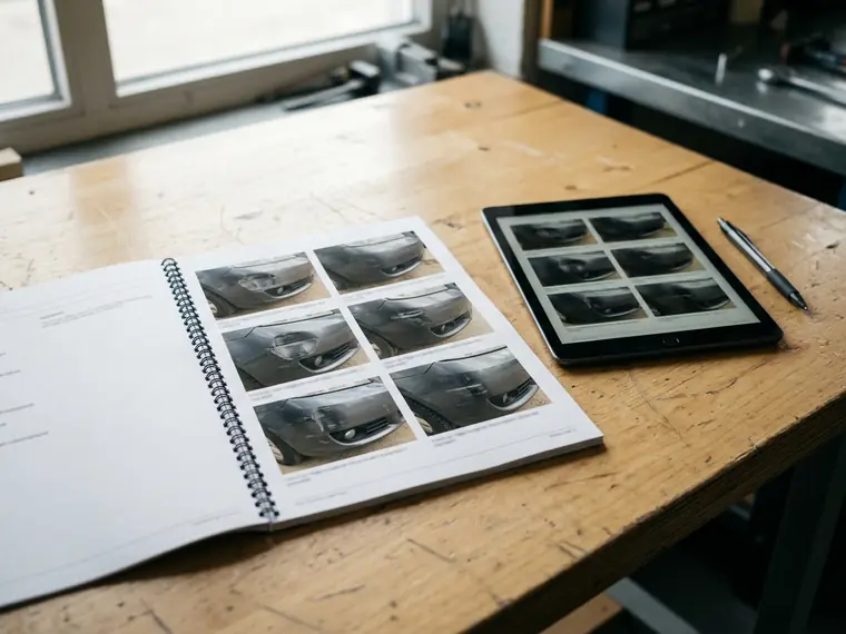 Ausgedrucktes Gutachten mit Schadenfotos neben einem Tablet, ohne lesbare Daten