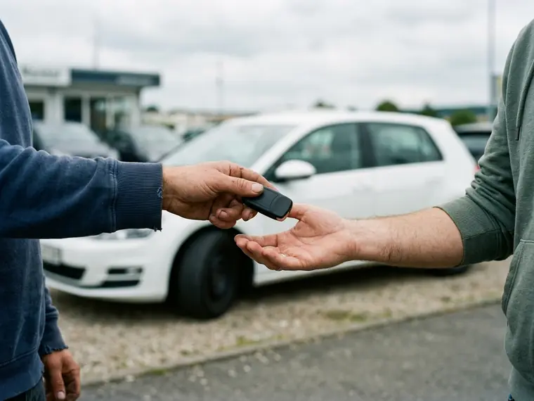 Übergabe eines Autoschlüssels vor einem Mietwagen
