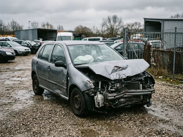 Stark beschädigtes Auto auf einem Abstellplatz