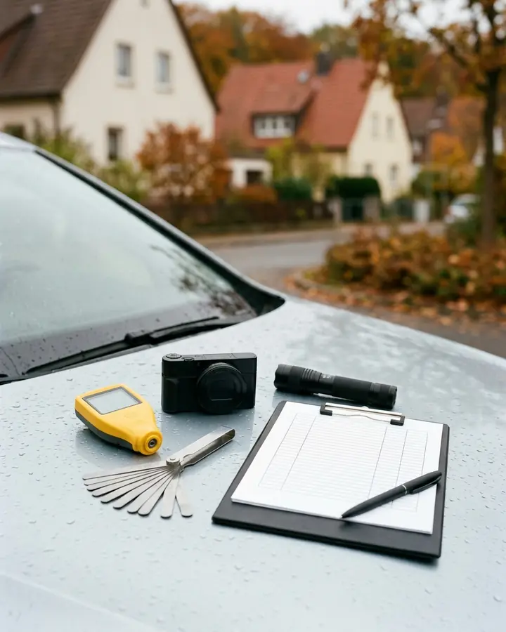 Lackschichtdicken-Messgerät, Kamera, Taschenlampe, Fühlerlehre und Klemmbrett auf der Motorhaube eines Autos